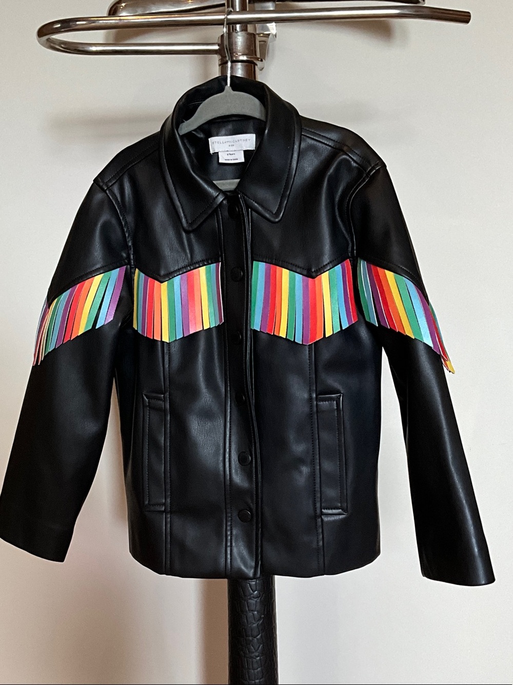 Stella McCartney Kids Black Faux Leather Jacket with Rainbow Fringe Detail